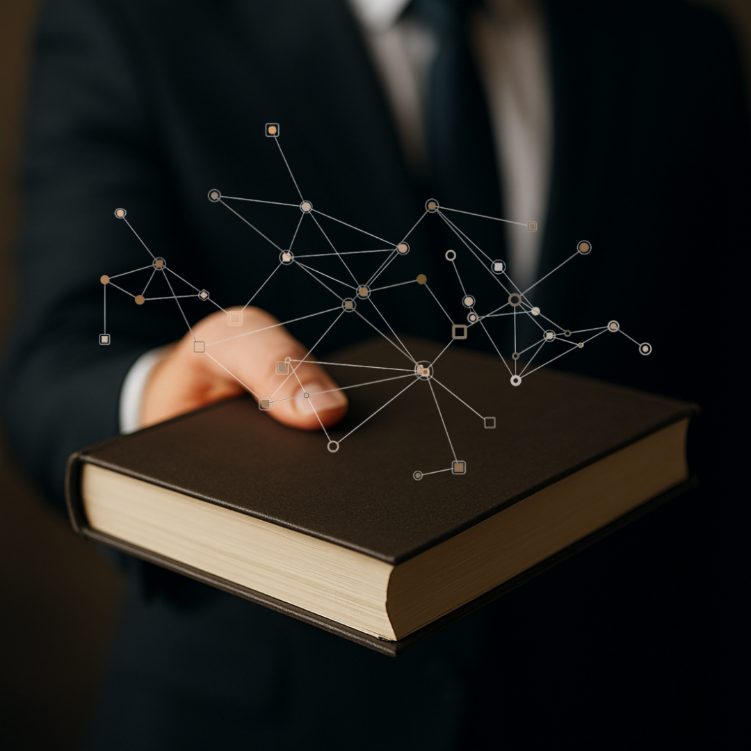 A photo of a finished book being handed with a network of different ecosystem of products, workshops, keynotes, around it.