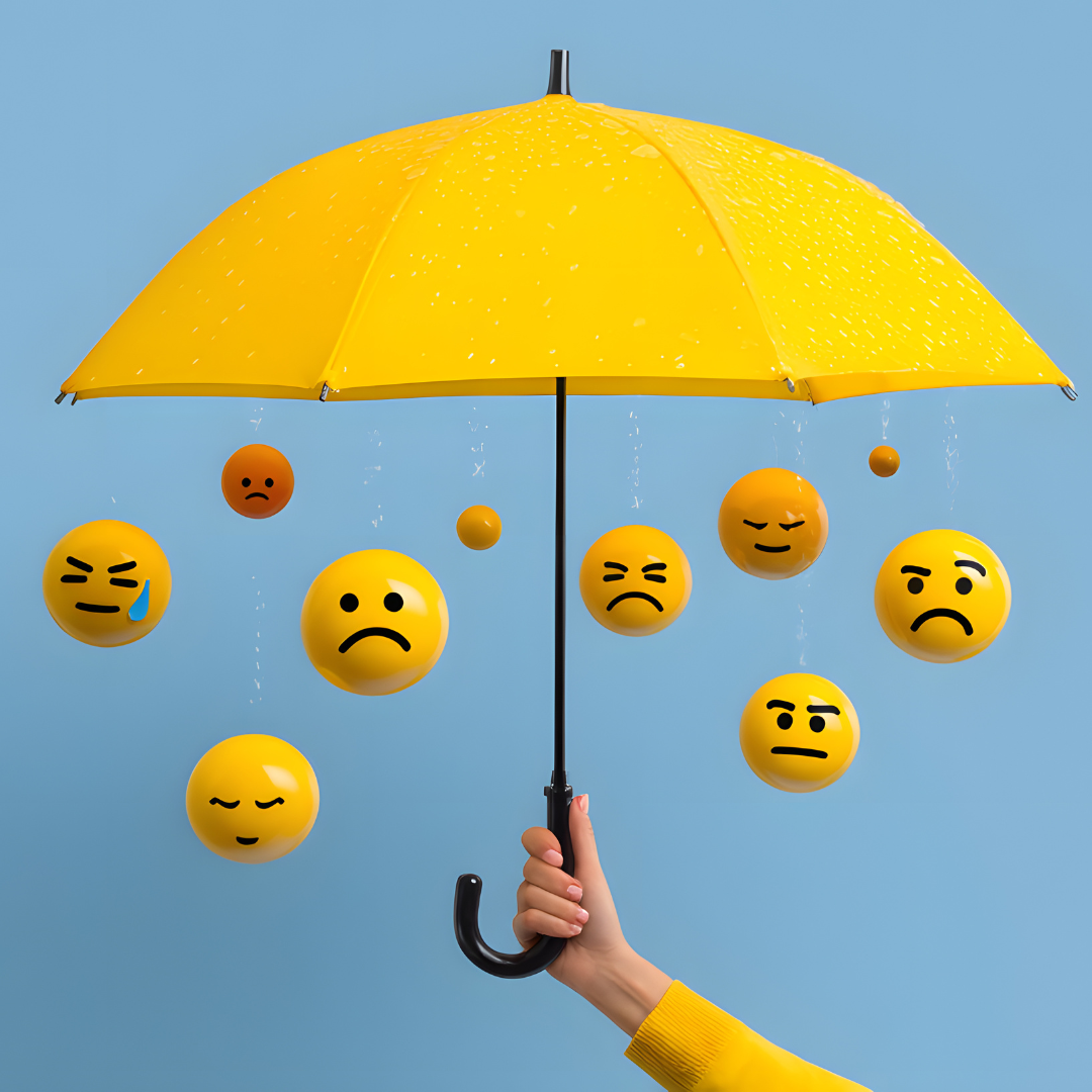 Photo of umbrella full of hanging emotion balls