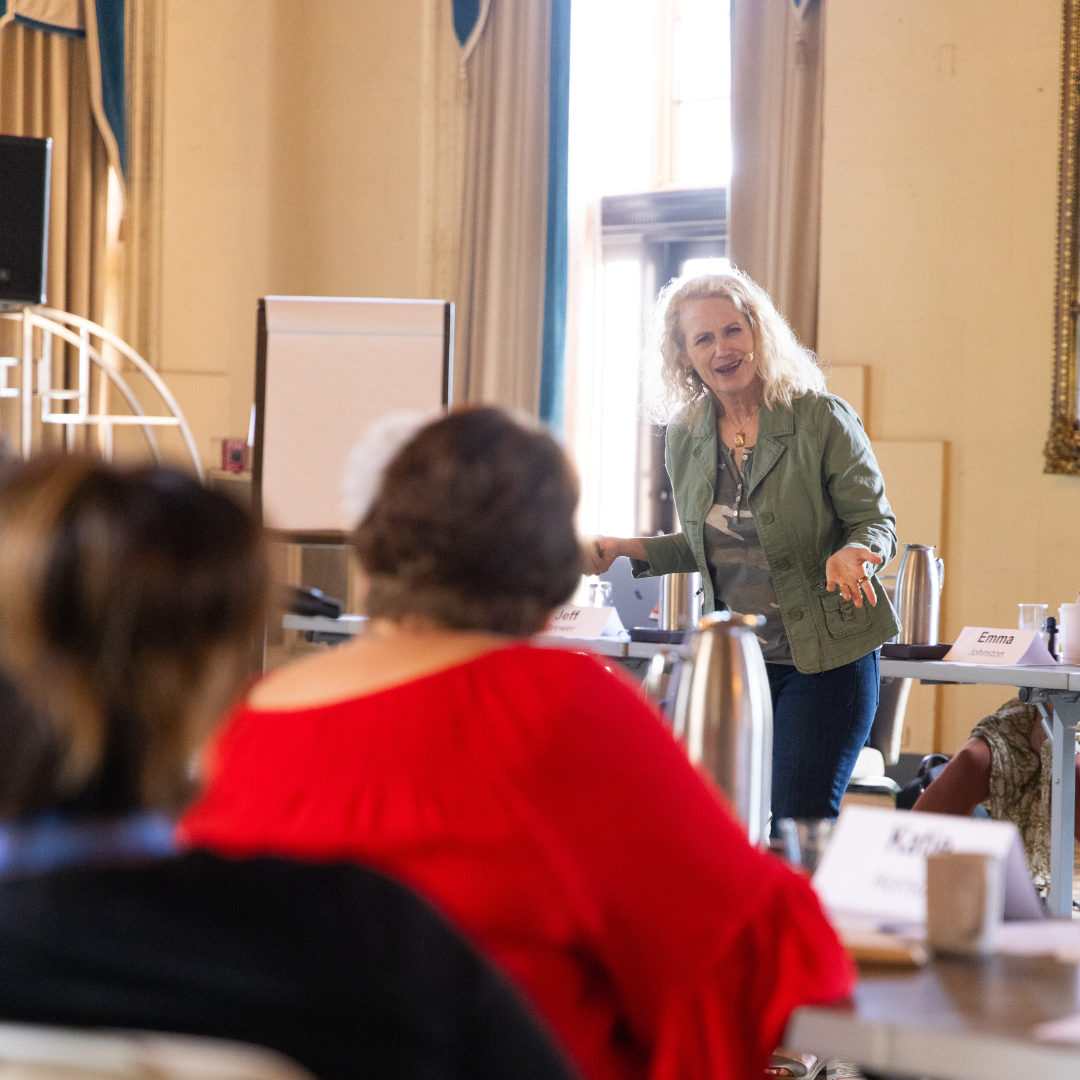 Photo of Ann Sheybani, an author, publisher, talks before crowd, as an example of author visibility even after the book launch.