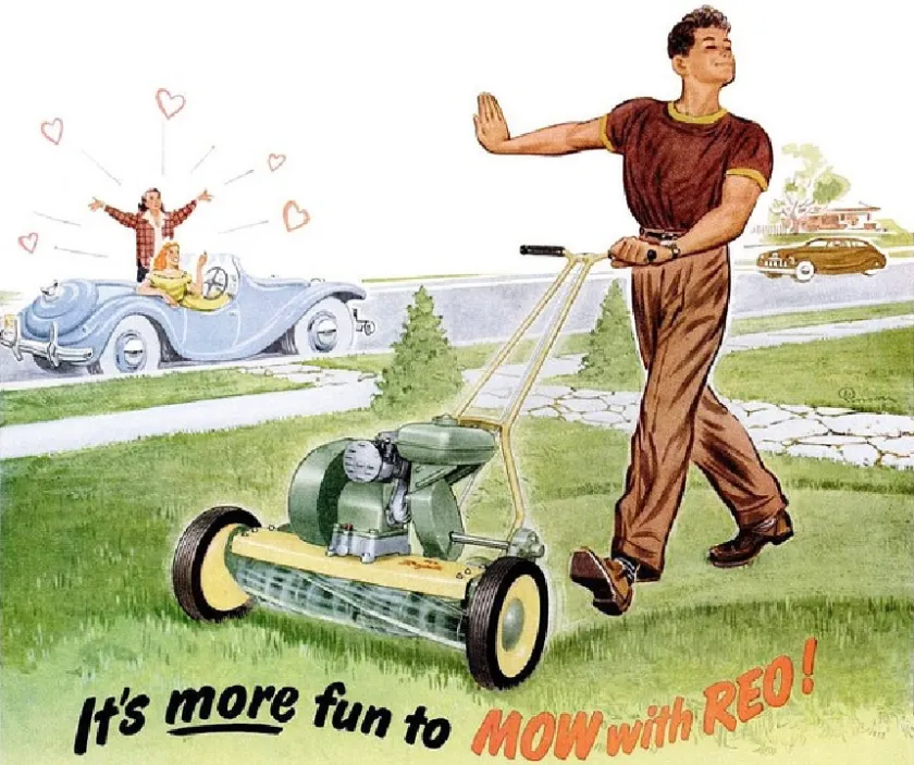 An animated photo of a man running a lawn mower that symbolizes my father taking care of his lawn